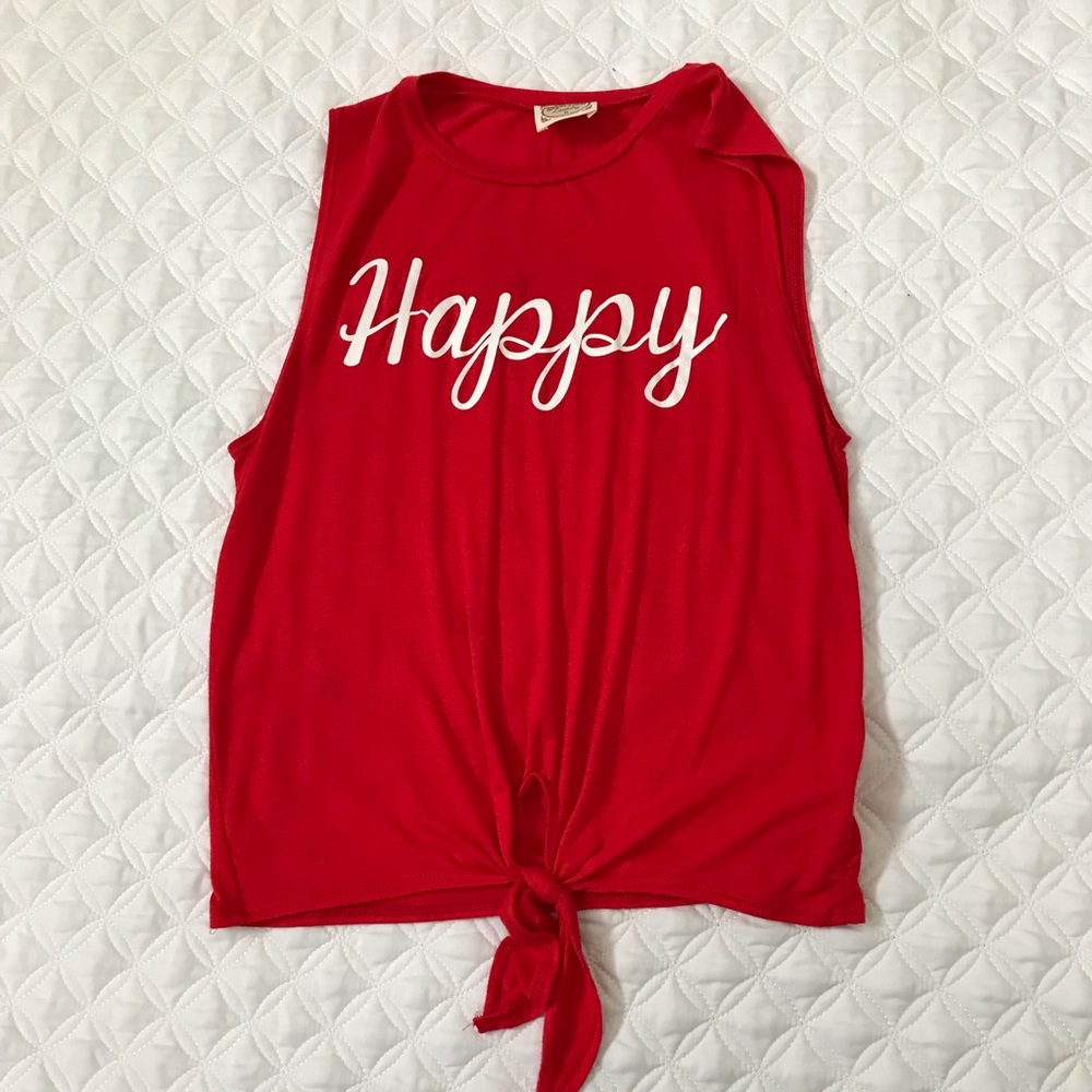 Red “Happy” sleeveless top
